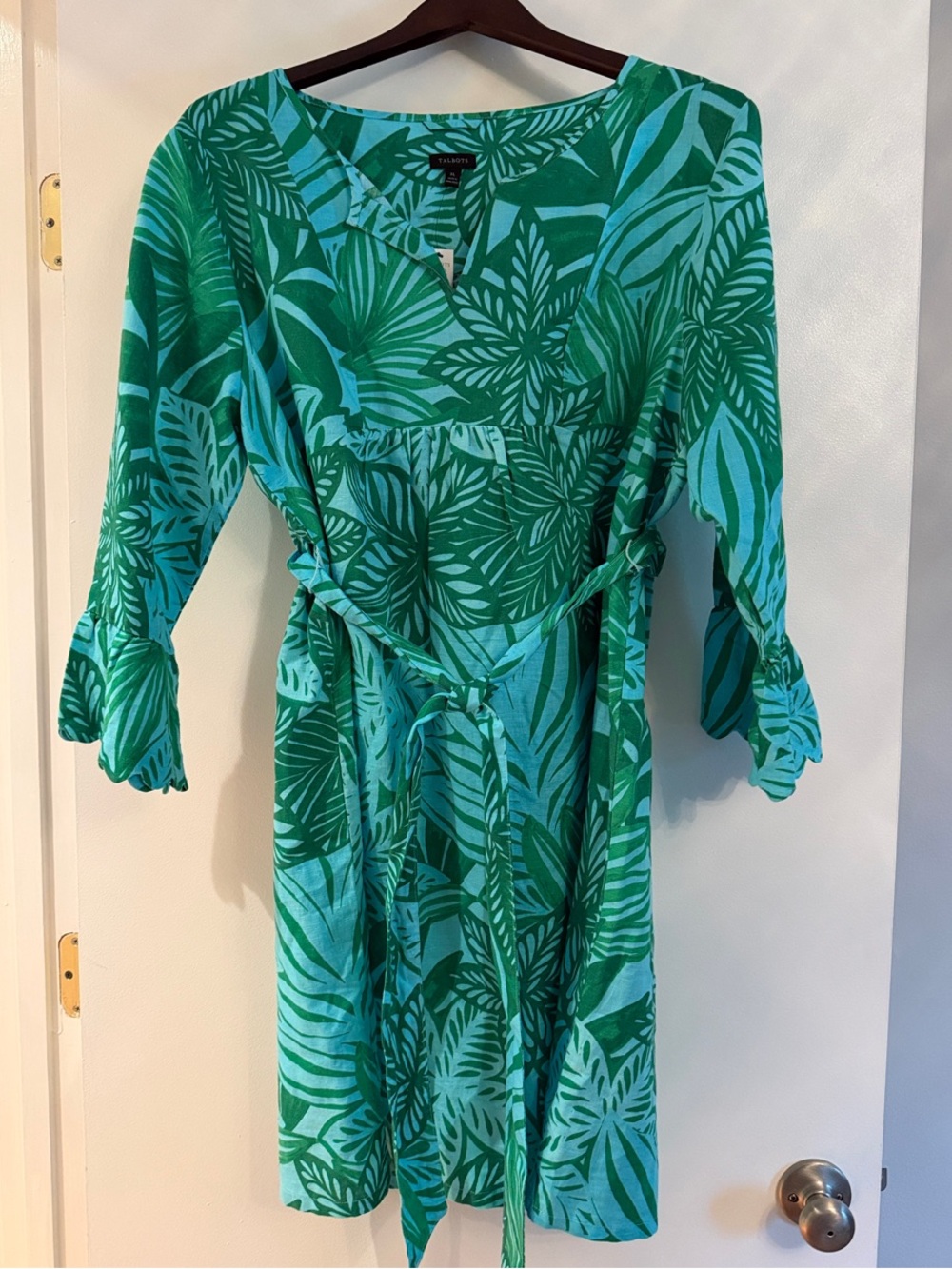 Talbots Teal and Kelly Green Leaf-Print Midi Dress